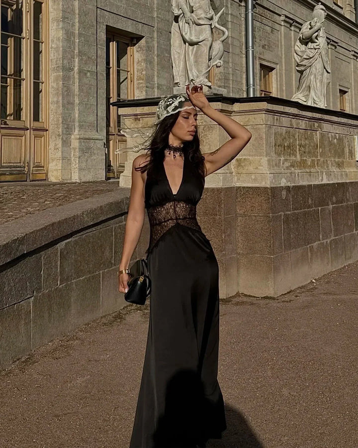 Satin Maxi Dress Halter Neck V Slit Seamless Formal Gown