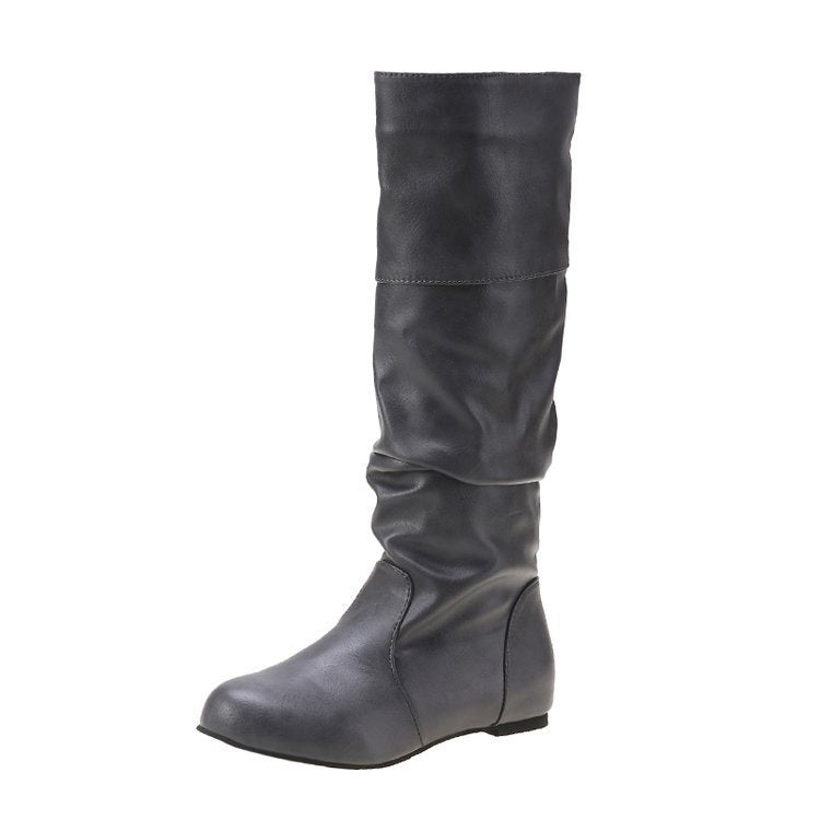 Knee-High Flat Boot for Women – Vegan Leather Slip-On, Round Toe