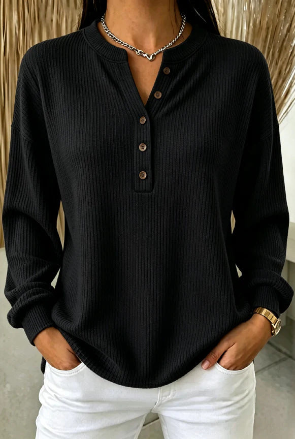 Ribbed Knit Henley T-Shirt for Women – Relaxed Long Sleeve Casual Fit