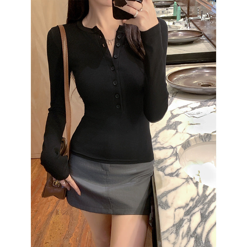 Slim Fit Button-Up Cotton Blend Top for Women – Stretch Pullover Layer