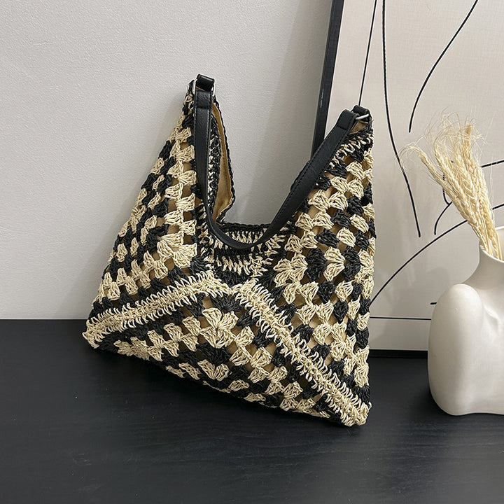 Straw Shoulder Bag for Women – Handmade Woven Contrast Weave Purse