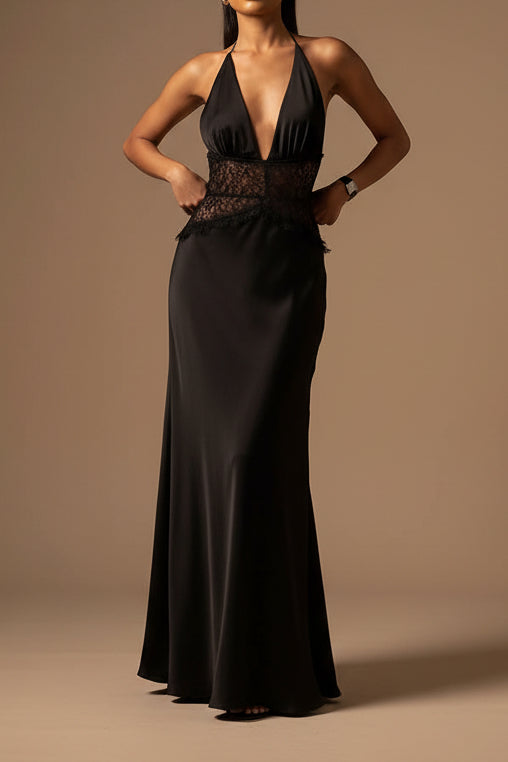 Satin Maxi Dress with Lace Panel – Strappy Sleeveless Evening Gown