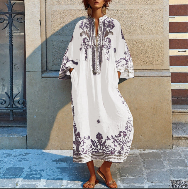 Boho Maxi Dress Cotton Printed V Neck Relaxed Fit | Women&