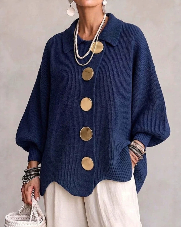 Knit Cardigan for Women – Button-Down Lapel with Puff Sleeves