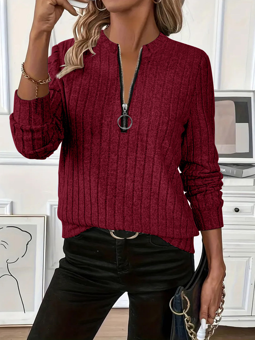 Rib-Knit Long Sleeve Top – Women’s Relaxed Zip Neckline