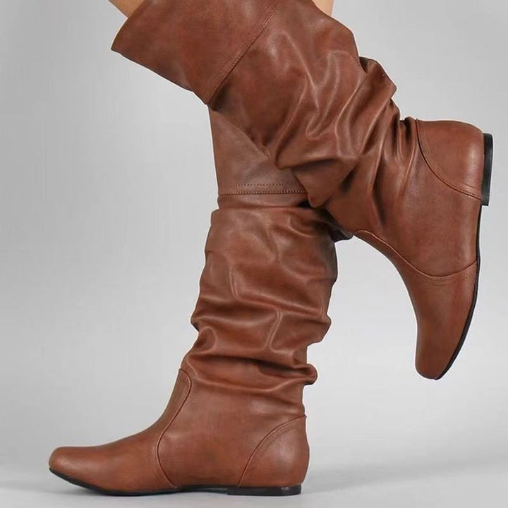 Knee-High Flat Boot for Women – Vegan Leather Slip-On, Round Toe