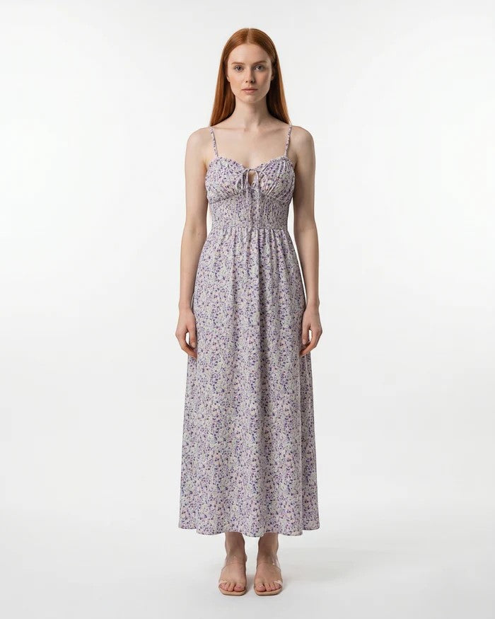 Women's Ditsy Floral Maxi Dress Sweetheart – Shirred Bodice Lace-Up