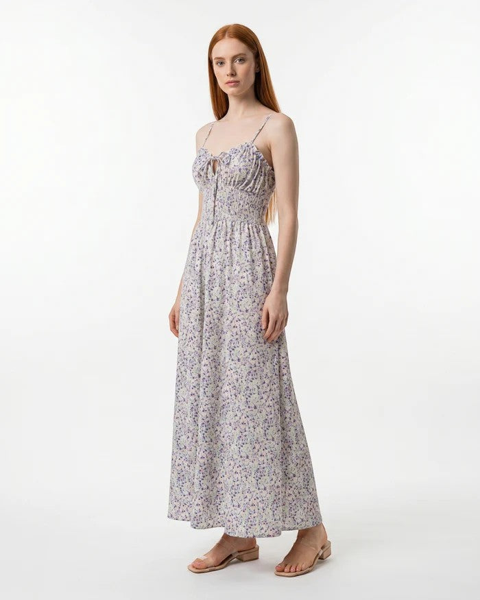Women's Ditsy Floral Maxi Dress Sweetheart – Shirred Bodice Lace-Up