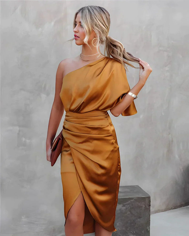 Women's Cotton Blend Midi Dress One Shoulder – Slim Fit Side Slit