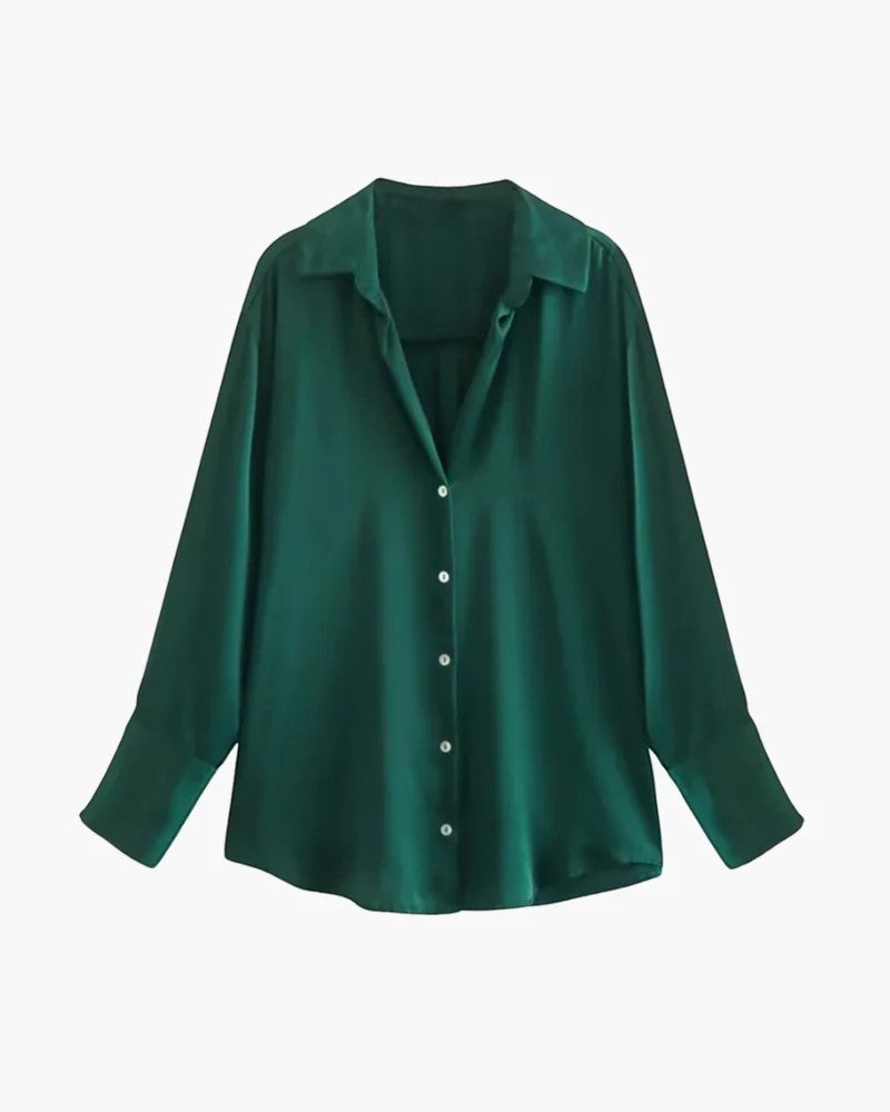 Women's Satin Long Sleeve Draped Blouse – Relaxed Fit Fluid Silhouette
