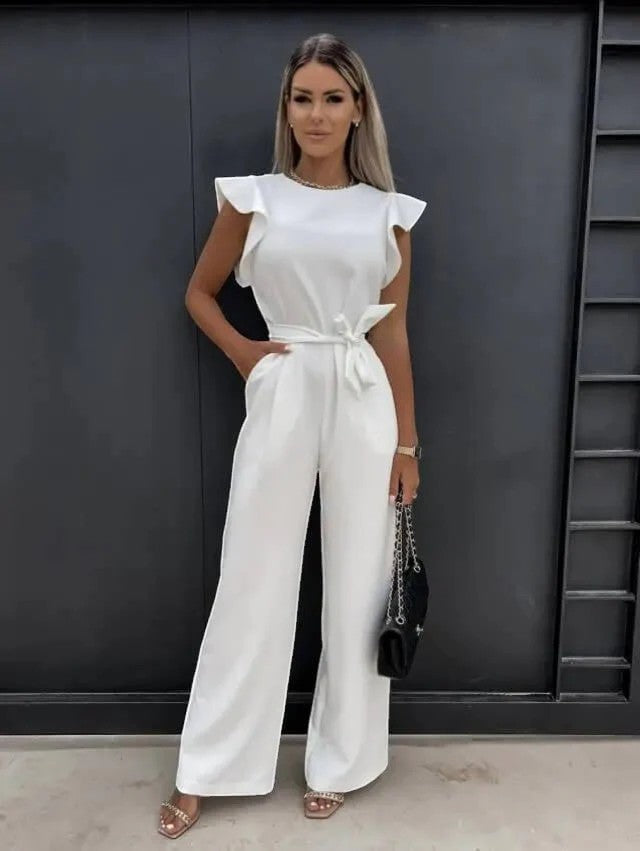 Women's Woven Fabric Jumpsuit – High Waist Wide Leg Short Sleeve