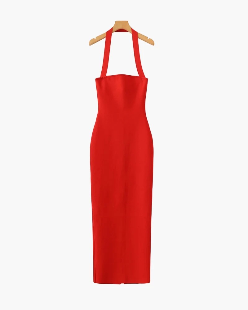 Women's Stretch Knit Maxi Dress – Halter Neck Bodycon with Open Back