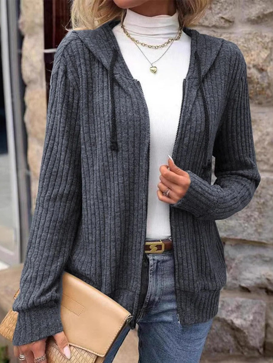 Women's Ribbed Knit Zip-Up Hoodie Cardigan – Oversized Full-Zip Style