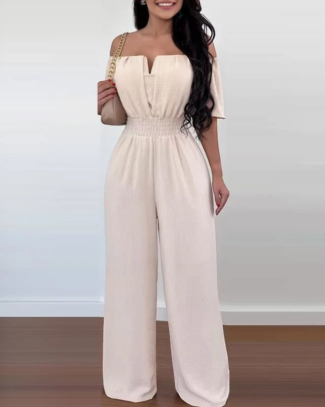 Women's Woven Jumpsuit Off Shoulder – Wide Leg Relaxed Lightweight