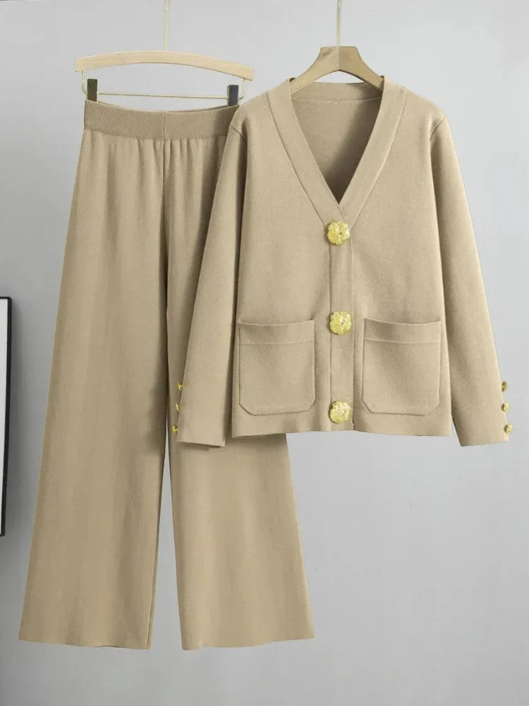 Women's Acrylic Knit Set – Cardigan Wide Leg Pants Relaxed Two-Piece