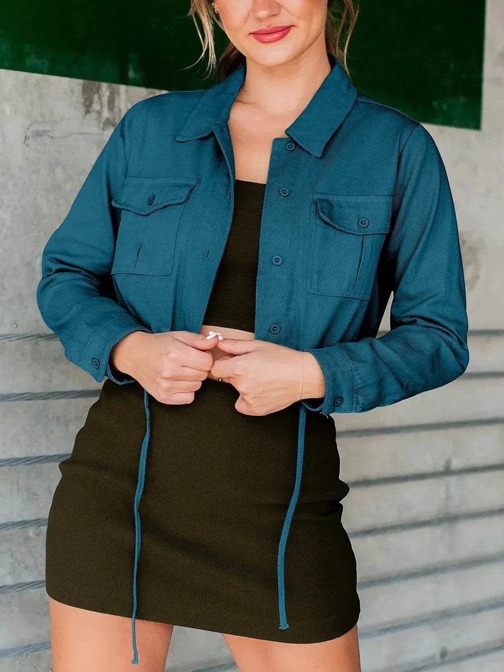 Women's Cotton Blend Cropped Jacket – Button Front Relaxed Fit Lightweight