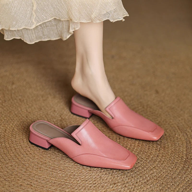 Women's Full-Grain Leather Heeled Mules Square Toe – Sheepskin Insole