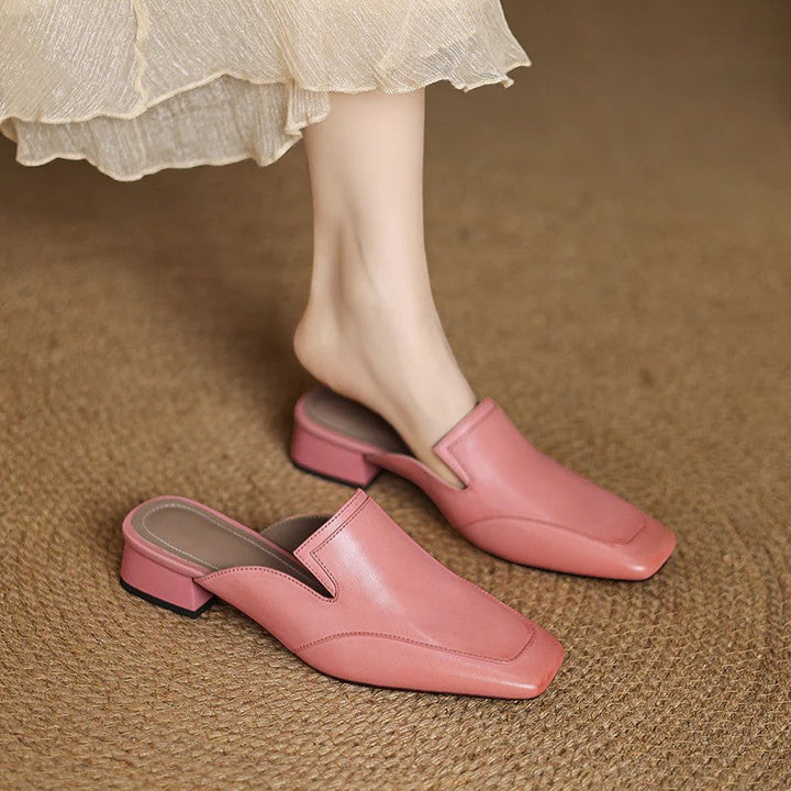 Women's Full-Grain Leather Heeled Mules Square Toe – Sheepskin Insole