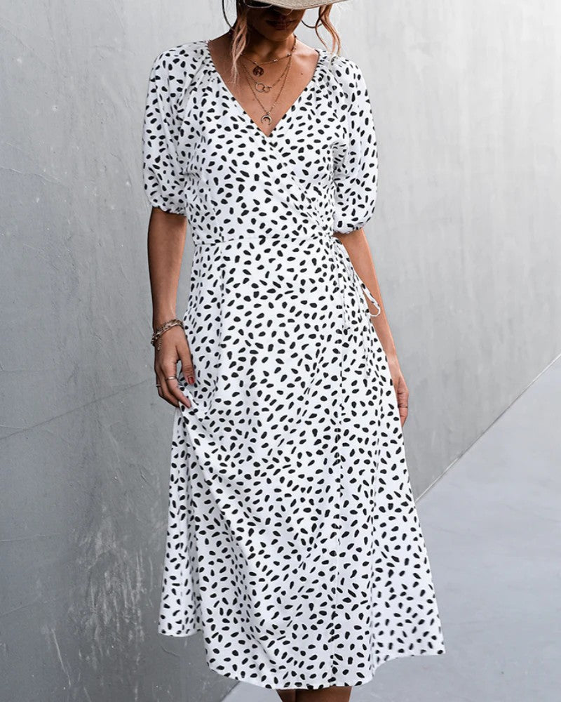 Women's Lightweight Fabric Midi Dress V-Neck – A-Line Short Sleeve Slit