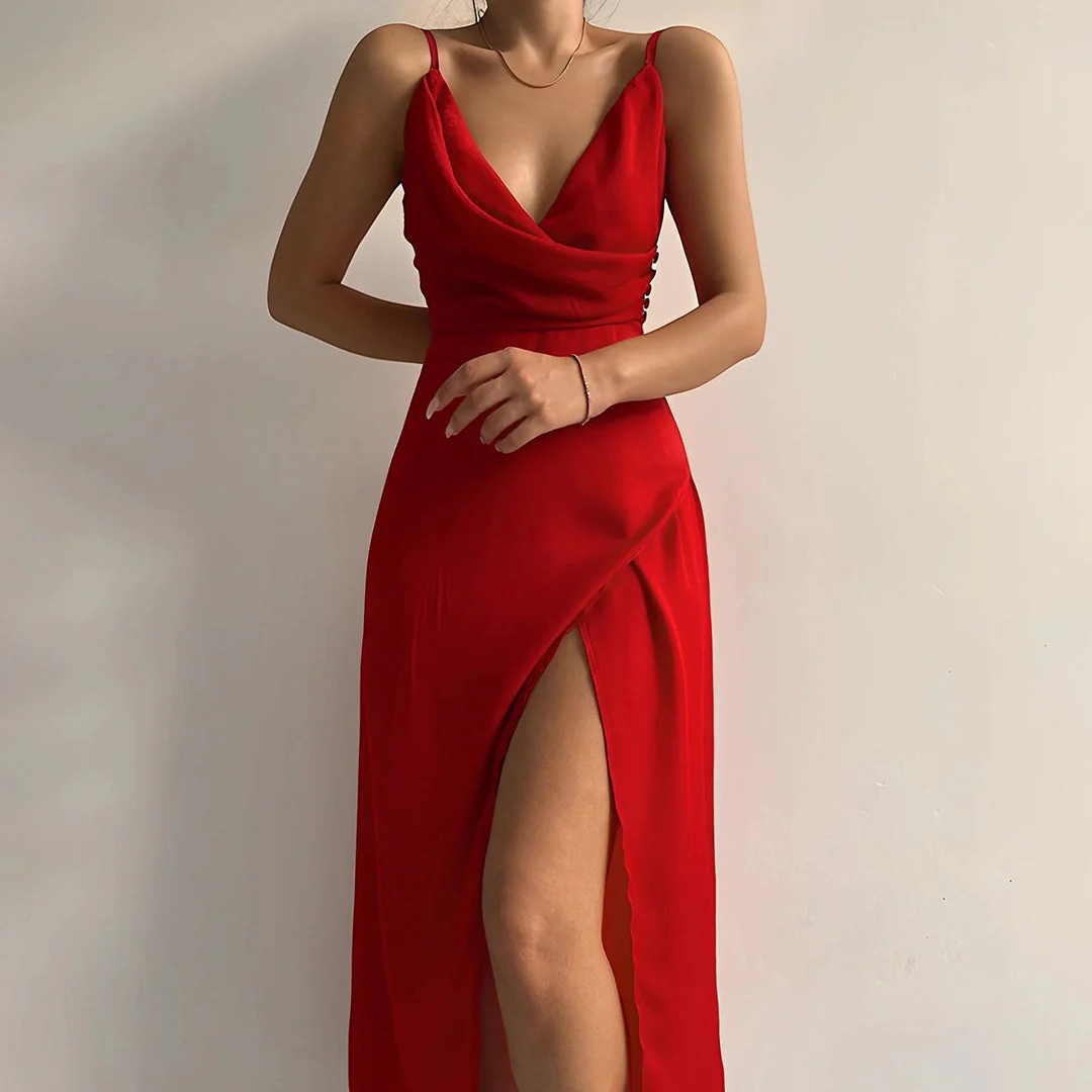 Women's V-Neck Slip Dress Silky Fabric Slim Fit – Side Slit Spaghetti Strap