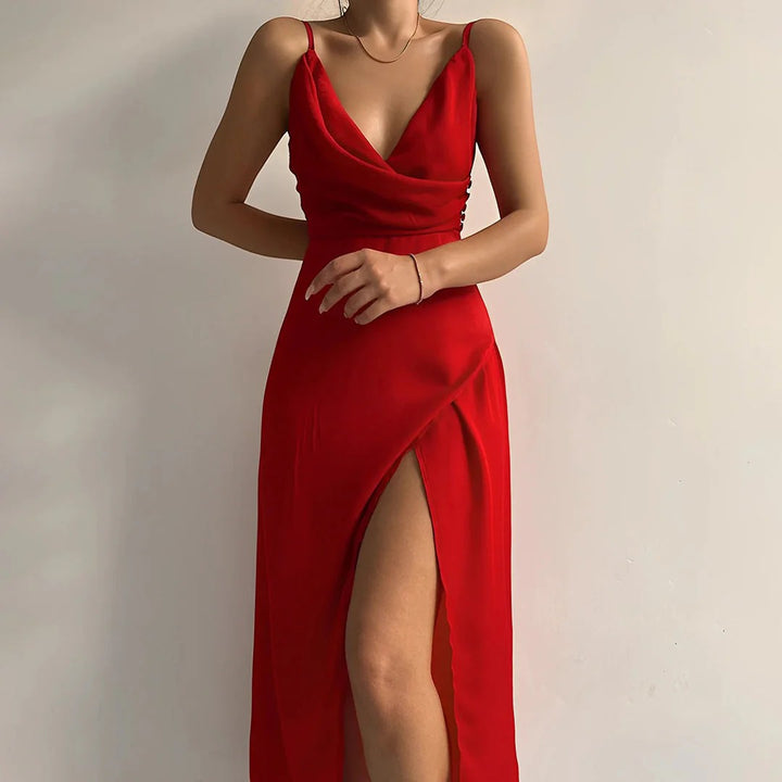 Women's V-Neck Slip Dress Silky Fabric Slim Fit – Side Slit Spaghetti Strap