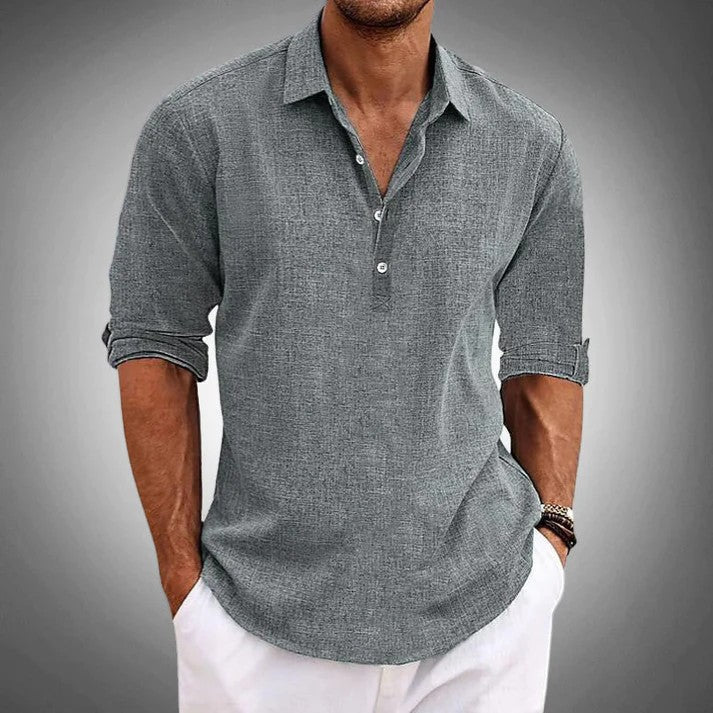 Men's Cotton Blend Long Sleeve Shirt – Relaxed Linen-Effect Breathable