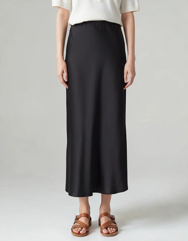 Women's Satin High-Waist Midi Skirt – Fitted Silhouette Fluid Drape