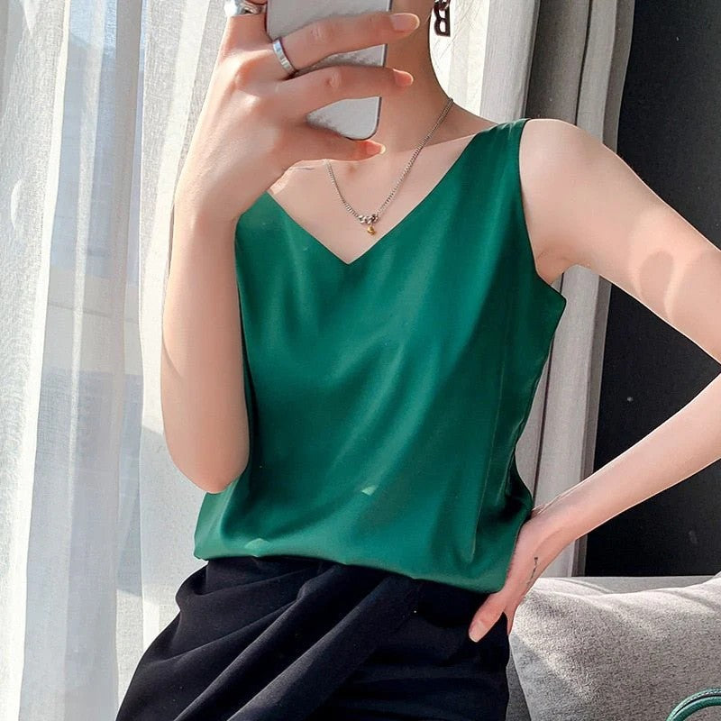 Women's Silk V-Neck Top Sleeveless Blouse – Relaxed Lightweight