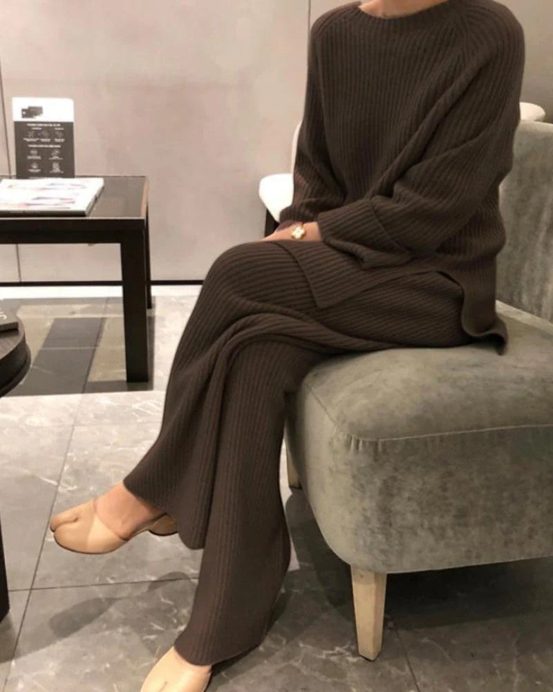 Women's Soft Ribbed Knit Co-Ord Long Sleeve Top – Wide Leg Pants
