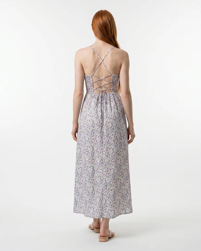Women's Ditsy Floral Maxi Dress Sweetheart – Shirred Bodice Lace-Up