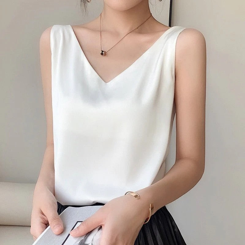 Women's Silk V-Neck Top Sleeveless Blouse – Relaxed Lightweight