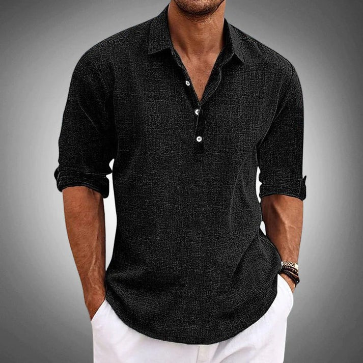 Men's Cotton Blend Long Sleeve Shirt – Relaxed Linen-Effect Breathable