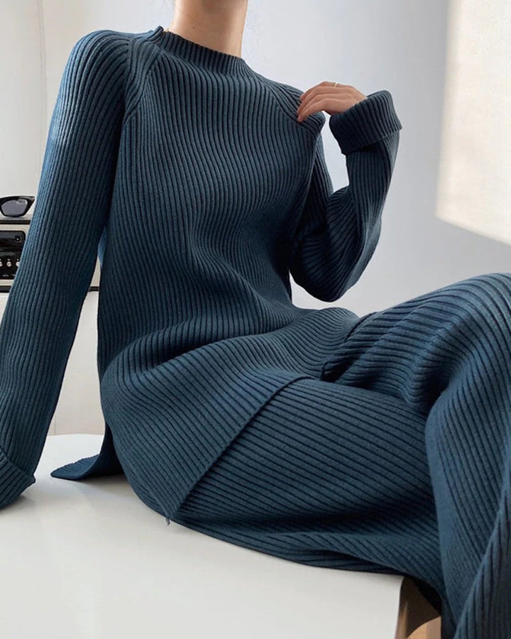 Women's Soft Ribbed Knit Co-Ord Long Sleeve Top – Wide Leg Pants