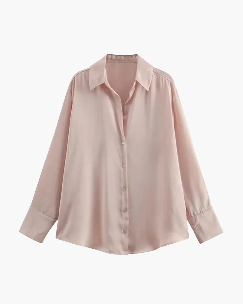 Women's Satin Long Sleeve Draped Blouse – Relaxed Fit Fluid Silhouette