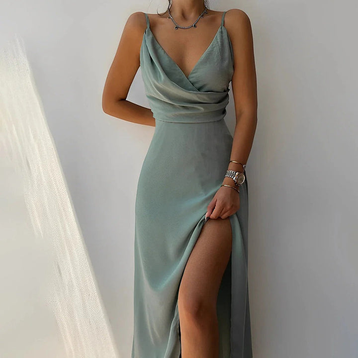 Women's V-Neck Slip Dress Silky Fabric Slim Fit – Side Slit Spaghetti Strap