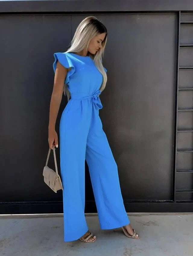 Women's Woven Fabric Jumpsuit – High Waist Wide Leg Short Sleeve