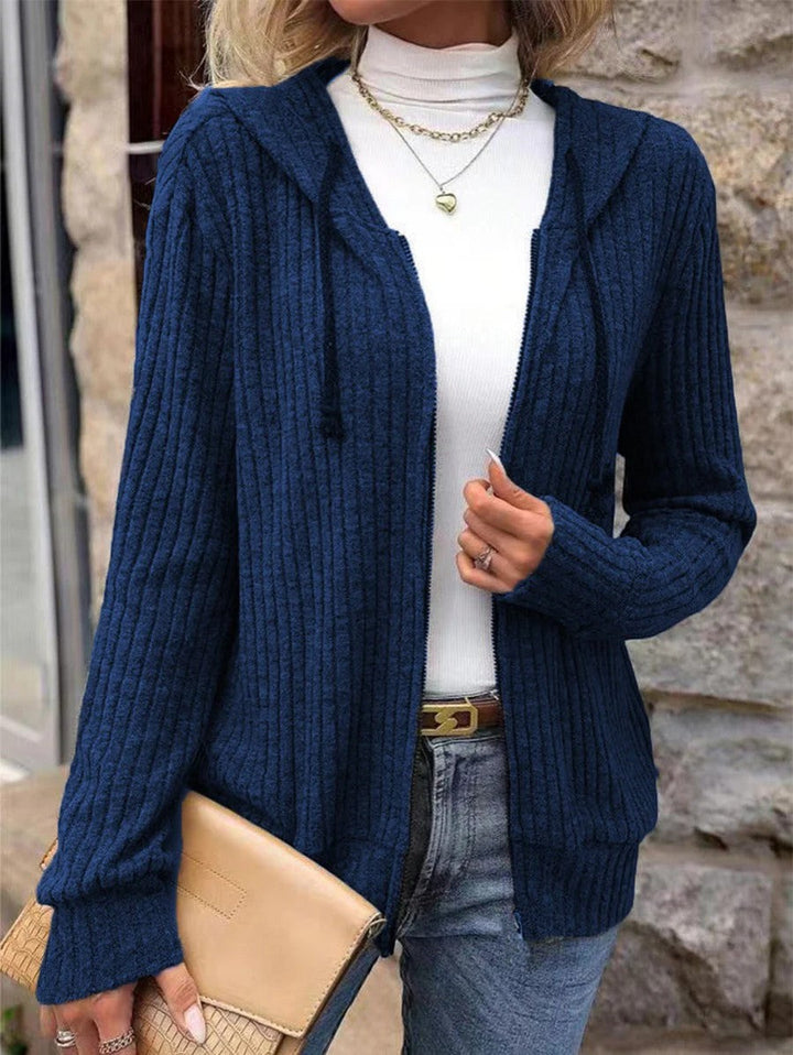 Women's Ribbed Knit Zip-Up Hoodie Cardigan – Oversized Full-Zip Style