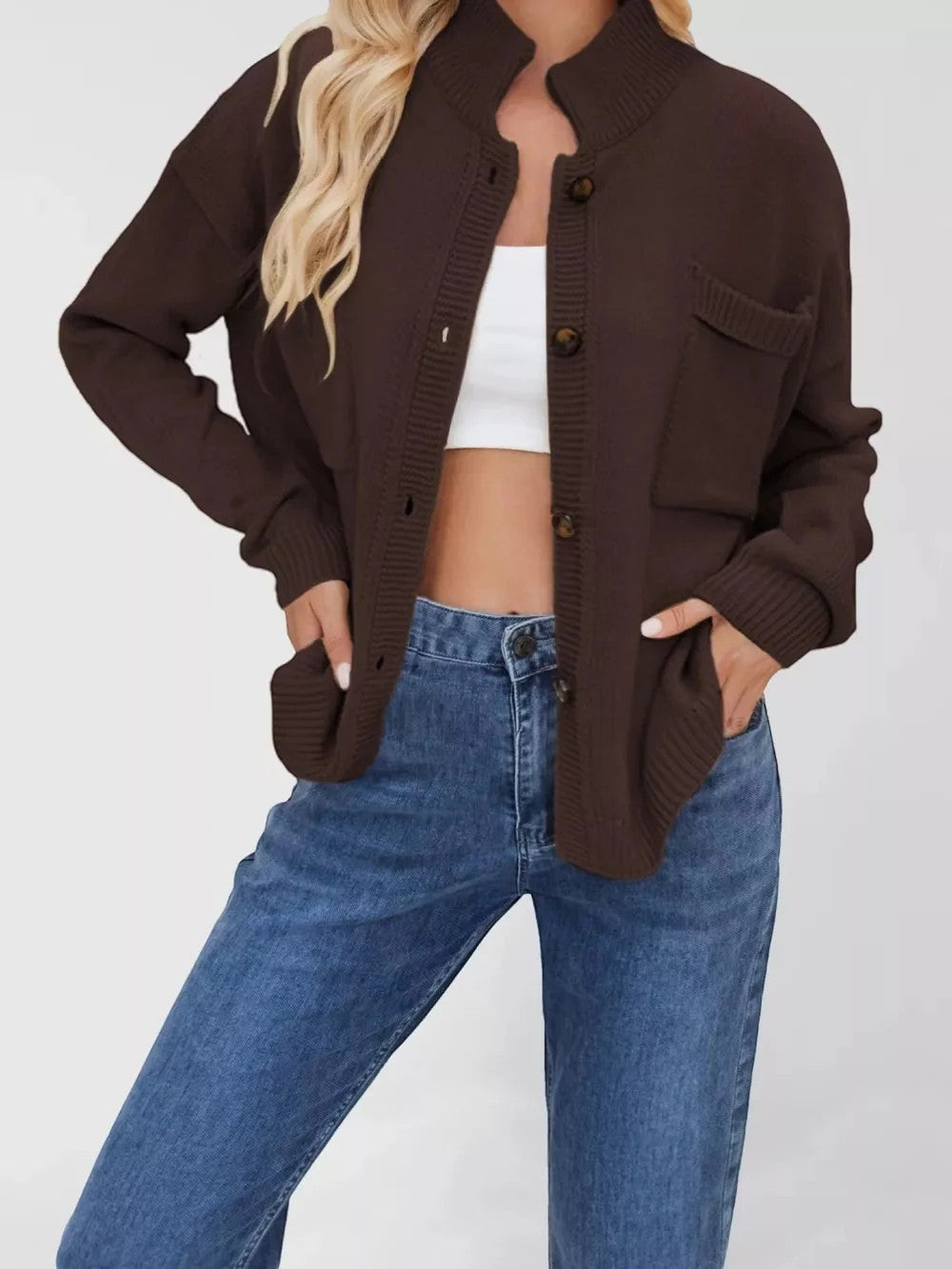 Women's Acrylic Knit Cardigan – Button Front Relaxed Fit Long Sleeve