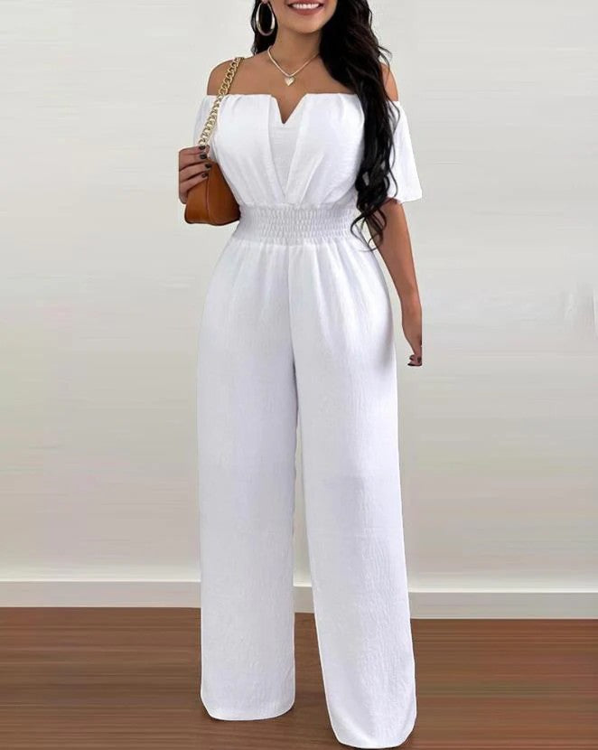 Women's Woven Jumpsuit Off Shoulder – Wide Leg Relaxed Lightweight