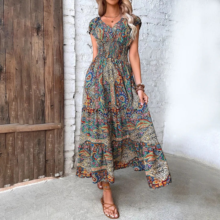 Women's Woven Fabric Maxi Dress Bohemian V-Neck – Relaxed Flowing