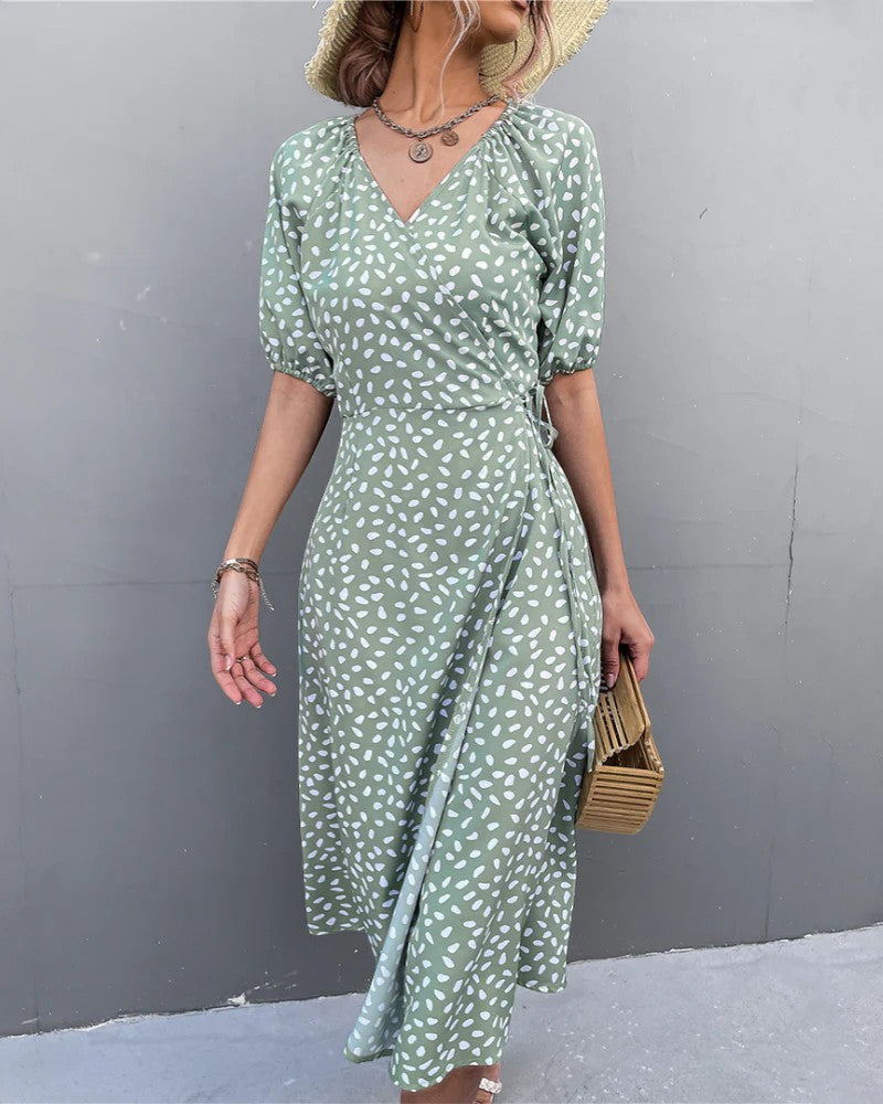 Women's Lightweight Fabric Midi Dress V-Neck – A-Line Short Sleeve Slit