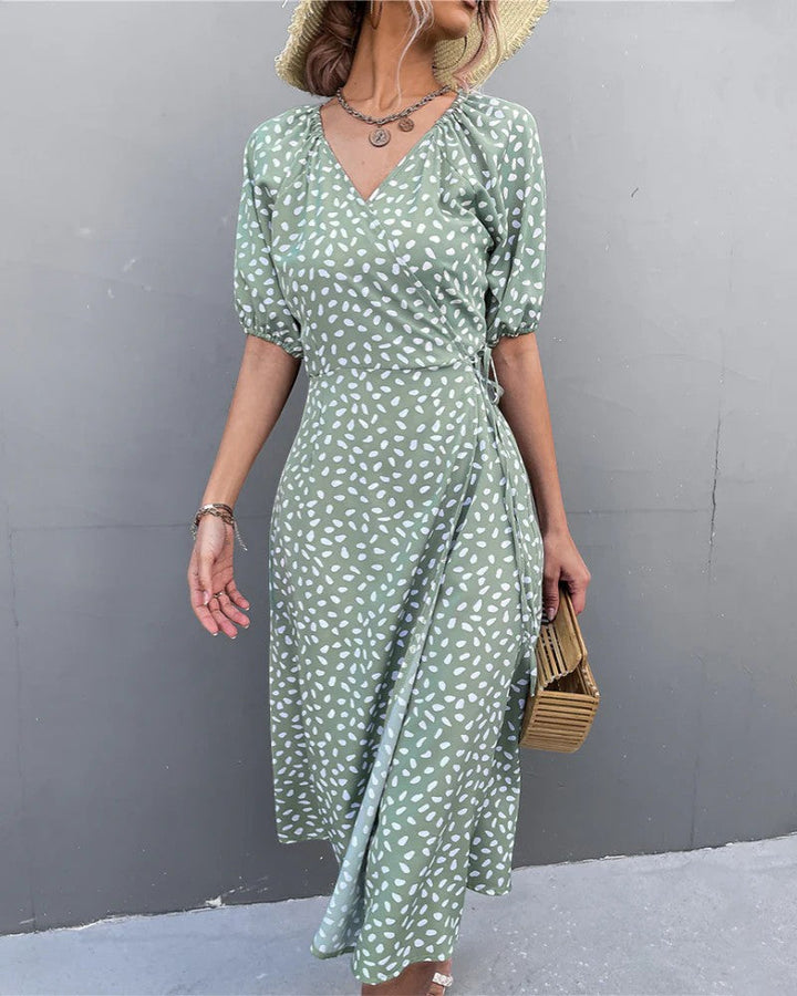 Women's Lightweight Fabric Midi Dress V-Neck – A-Line Short Sleeve Slit