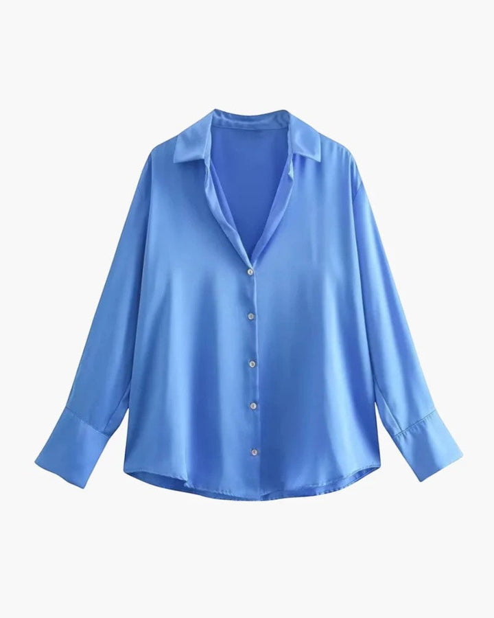 Women's Satin Long Sleeve Draped Blouse – Relaxed Fit Fluid Silhouette