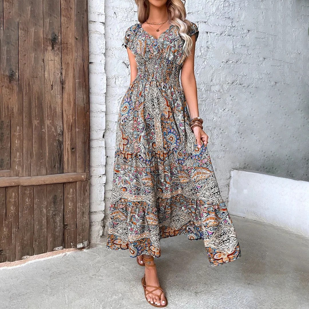Women's Woven Fabric Maxi Dress Bohemian V-Neck – Relaxed Flowing