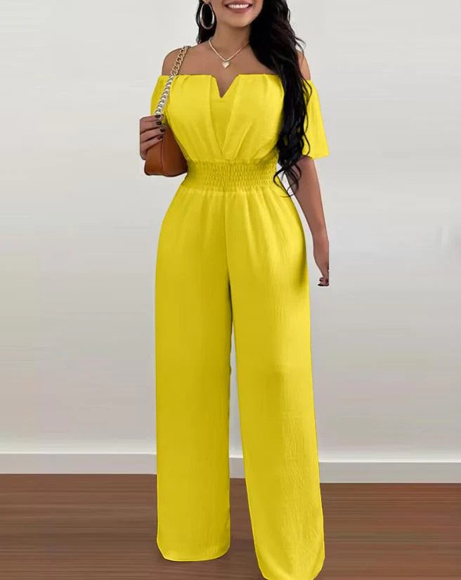 Women's Woven Jumpsuit Off Shoulder – Wide Leg Relaxed Lightweight
