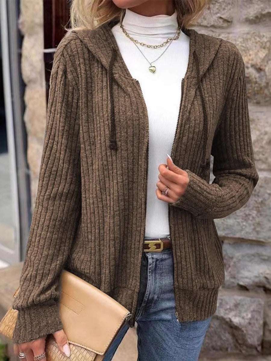 Women's Ribbed Knit Zip-Up Hoodie Cardigan – Oversized Full-Zip Style