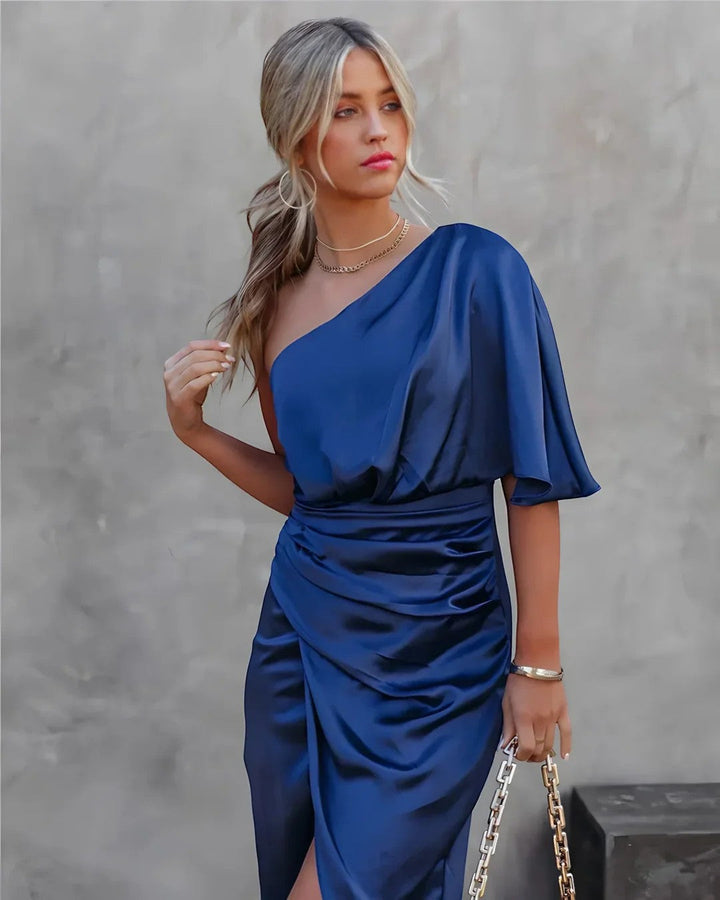 Women's Cotton Blend Midi Dress One Shoulder – Slim Fit Side Slit