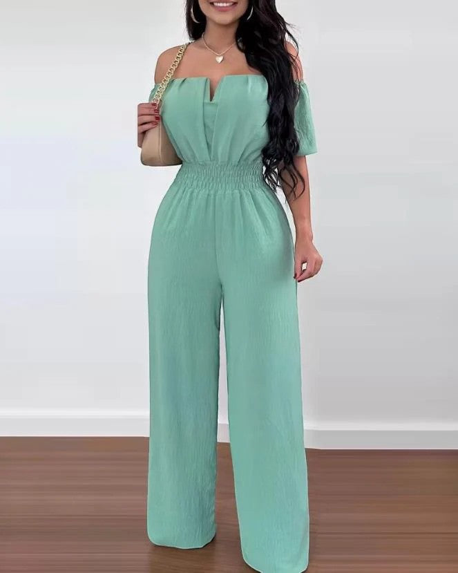 Women's Woven Jumpsuit Off Shoulder – Wide Leg Relaxed Lightweight