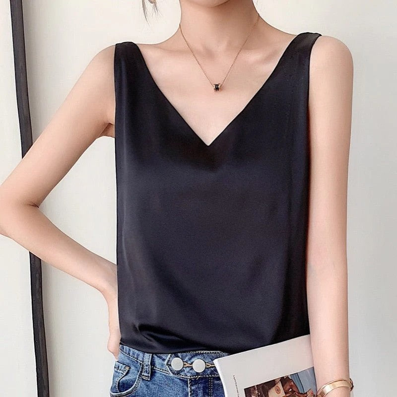 Women's Silk V-Neck Top Sleeveless Blouse – Relaxed Lightweight