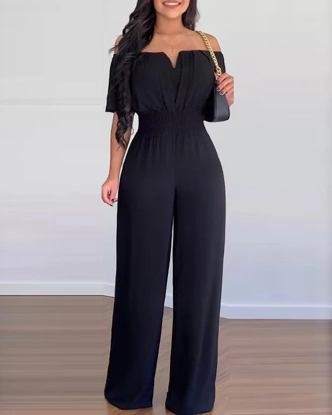 Women's Woven Jumpsuit Off Shoulder – Wide Leg Relaxed Lightweight
